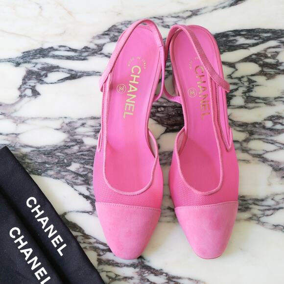 NWOB CHANEL Pink Mesh w/ Suede Cap Toe Slingback Pumps EU 36 - Picture 1 of 8